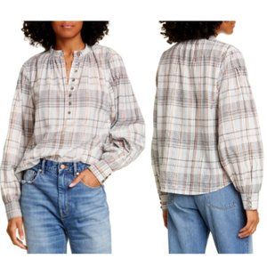 La Vie Rebecca Taylor Metallic Lurex Plaid Long Sleeve Top Creamsicle Sz Medium